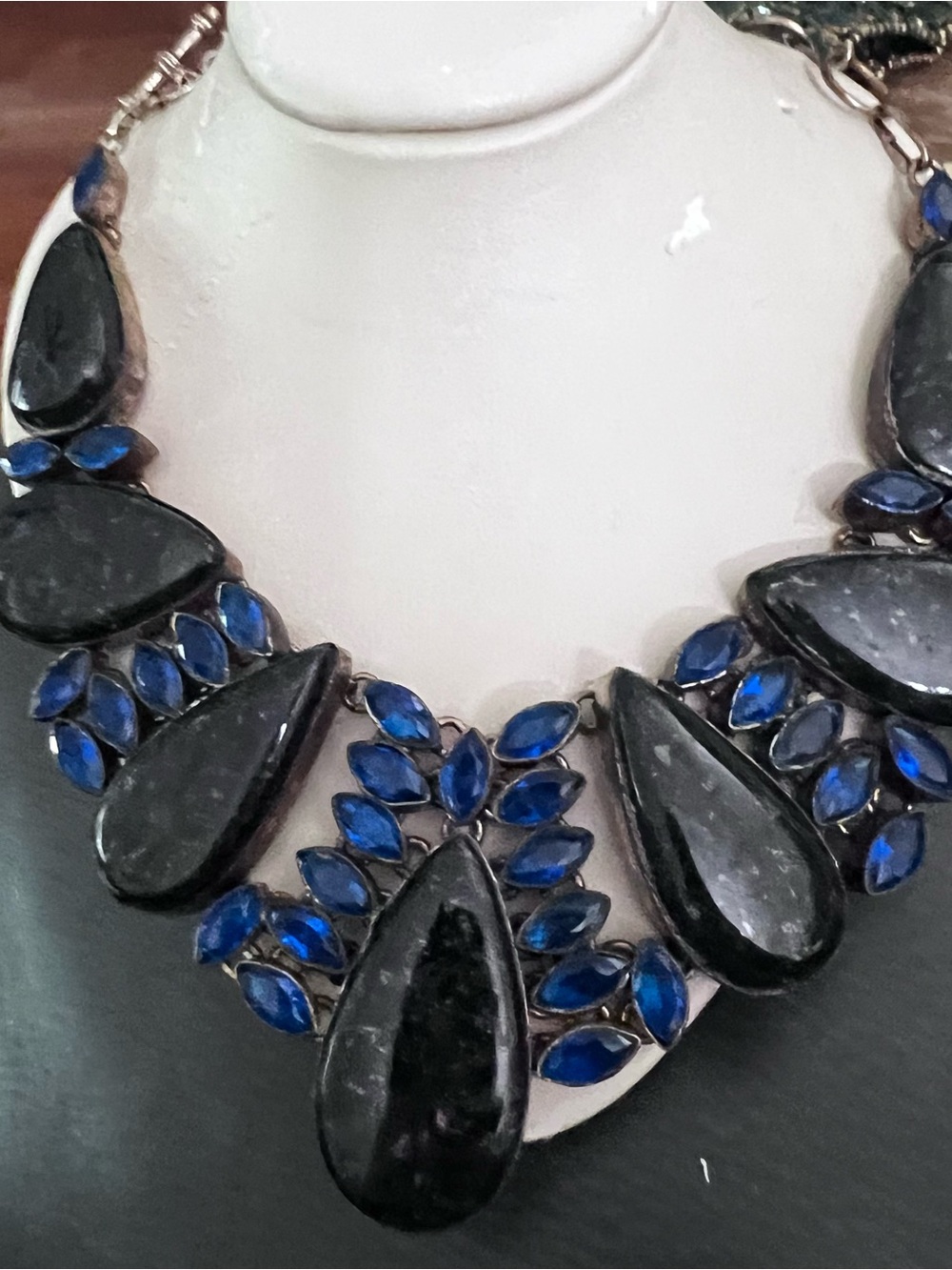 Statement Blue and Black Teardrop Bib Necklace - the dark stones Laborite